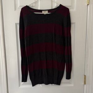 LOFT Women's Maroon and Charcoal Striped Sweater